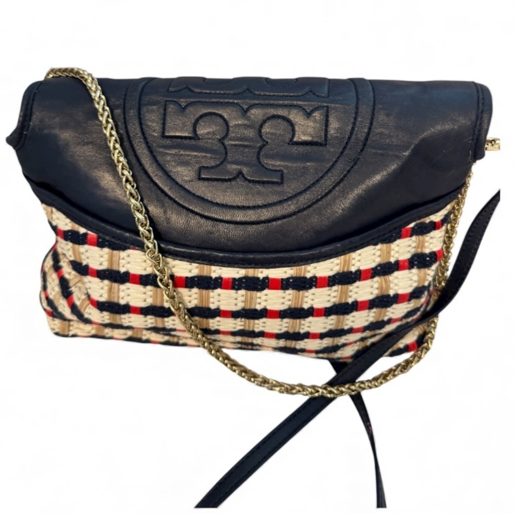 Tory Burch Black Leather & Cream Woven Crossbody with Red and Navy Accents
